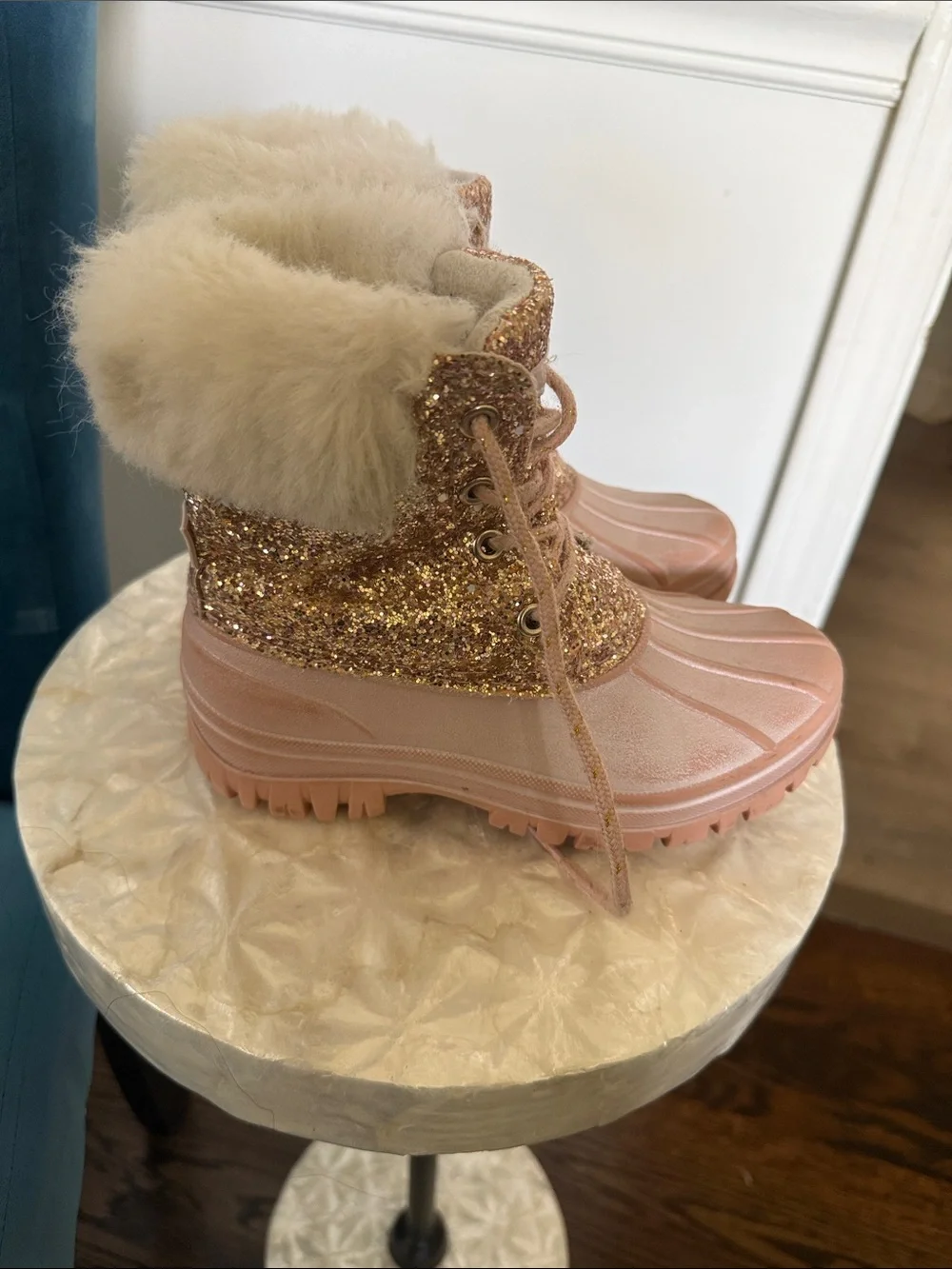 London Fog Girls' Rose Gold Glitter Faux-Fur Winter Boots